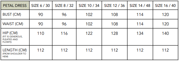 Petal Dress size guide