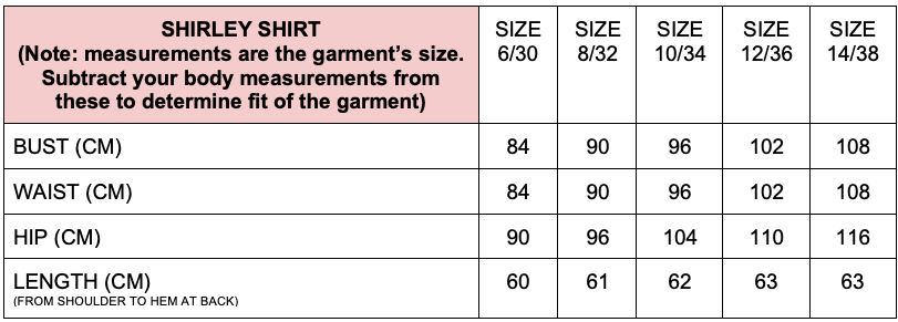 Shirley Shirts size guide